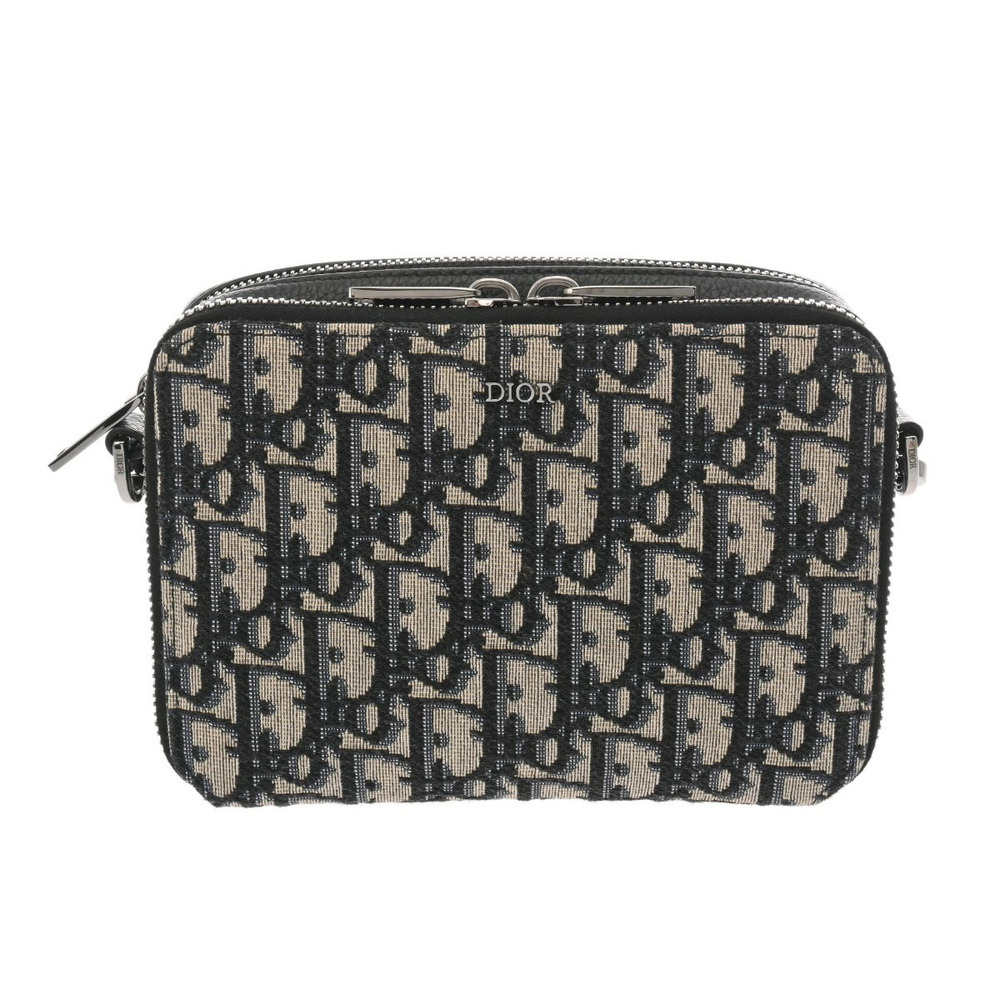 CHRISTIAN DIOR Oblique Shoulder Zip Clutch Navy Blue Jacquard Leather Bag